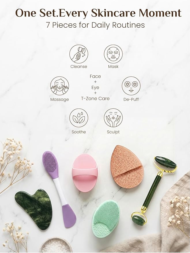 Rena Chris Gua Sha and Face Roller Set: Face Skin Care Tools with Facial Cleansing Brush, 2 Silicone Scrubber Pads & Face Sponge, Travel Bag, Self Care Gift