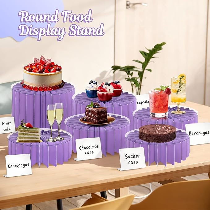 6Pcs Buffet Risers, Food Risers for Table, Foldable Cake Display Stands, Tall Cardboard Cupcakes Stand for Show Catering Desserts Jewelry Wedding Birthday Party Decoration (Purple)