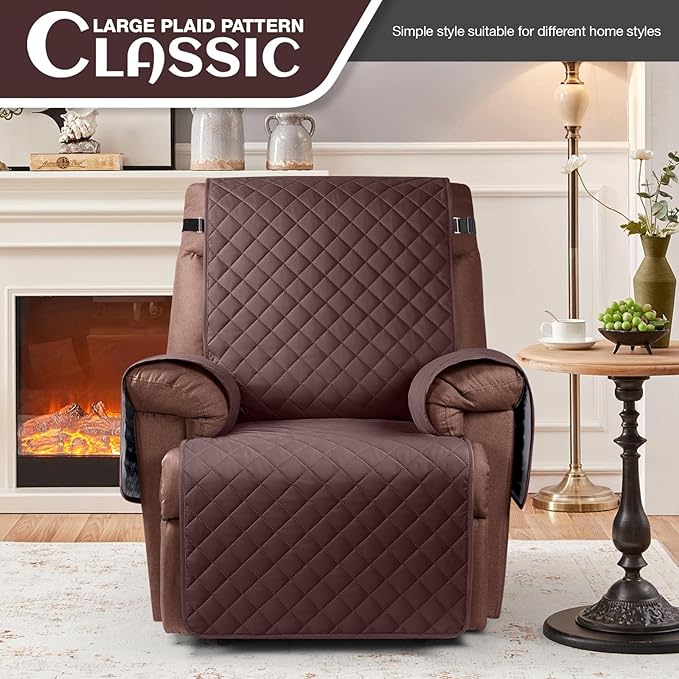 KinCam 100% Waterproof Recliner Chair Cover, Reclining Couch Covers for Pets, Dogs, Recliner Couch Slipcover Furniture Protector with Elastic Straps for Kids(25", Coffee)