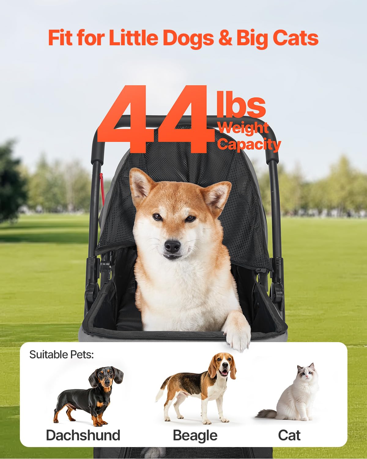 VEVOR Pet Stroller, 44 lbs Weight Capacity, Foldable Dog Cart, 4 Wheels Cats Stroller with Mesh Windows & Revrsible Handle, Portable Pet Carrier with Brake, for Small to Medium Pets