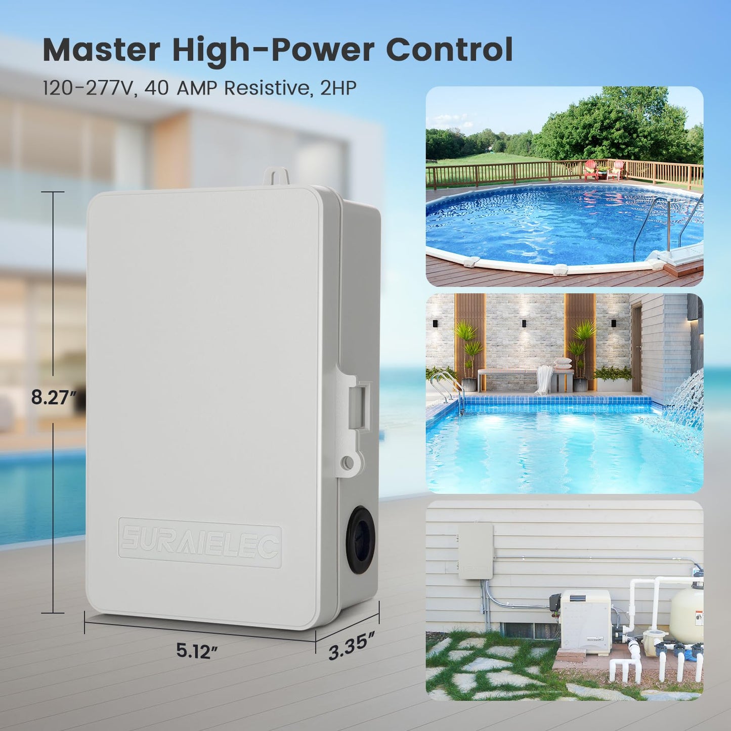 SURAIELEC Pool Timer, 7-Day Digital Pump Timer Switch, 40 AMP Heavy Duty, 120/240/277 VAC, 2HP Programmable Switch Box for Swimming Pool, Hot Water Heater, Lights, Outdoor/Indoor Use