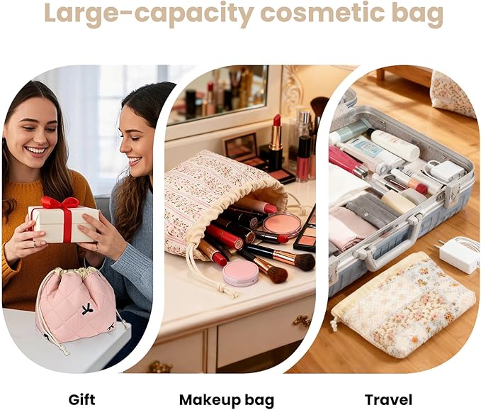 Gosect Large Makeup Bag, Cute Drawstring Cosmetic Bag with Canvas Lining, Floral Coquette Aesthetic Toiletry Bag, Travel Make Up Organizer Bag for Women and Girl (Bear