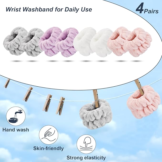 8 Pcs Wrist Bands for Washing Face-Dorbetar, Microfiber Wrist Towels for Washing Face, Spa Wristbands for Washing Face, Face Wash Wristbands, Arm Bands for Washing Face for Woman and Children