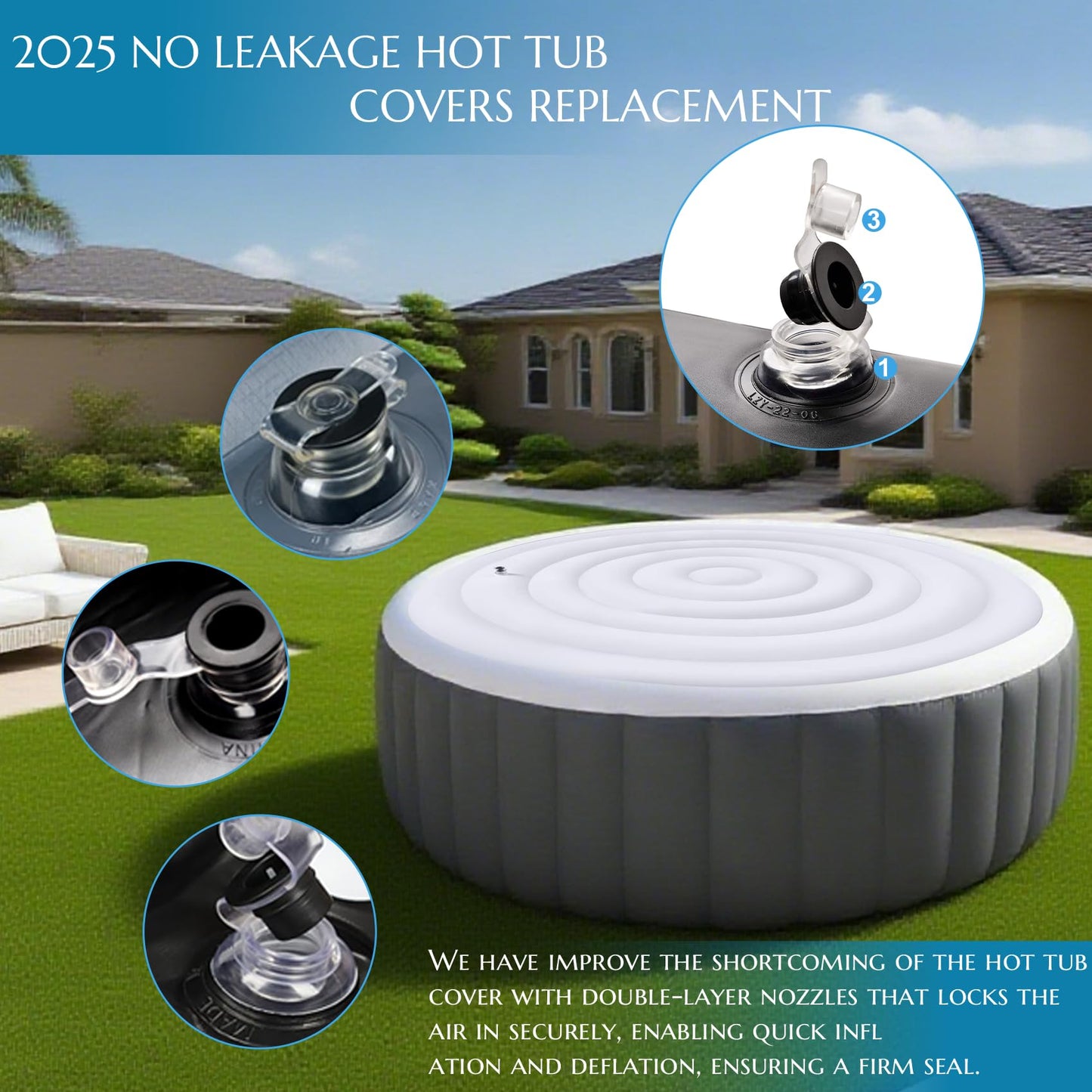 Inflatable Hot Tub Cover Round, Fits Saluspa Coleman Intex Cover, Thermal Insulated & Energy-Saving Weatherproof Protector, Unique Design Flexible Adjust Pool Cover Size Replacement-Life Time Support