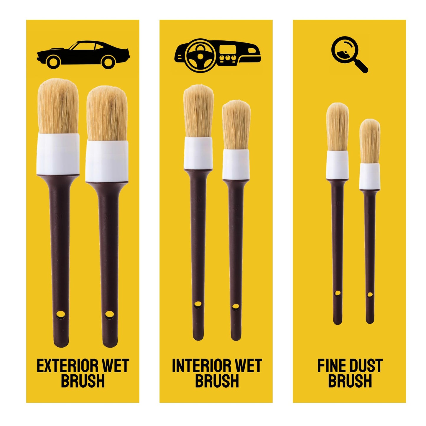 Detail Dudes Soft Boar Hair Car Detailing Brush Set - 6-Pack - Scratch-Free Soft Bristle Cleaning Brushes - Reaches Tight Spots & Interior Car Cleaning Kit - Ergonomic & Durable Detailing Supplies