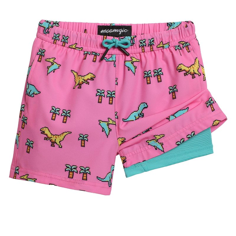 maamgic Boys Swim Trunks with Compression Liner 4-Way Stretch Quick Dry Swim Shorts Swimming Trunks Toddler Boy Dinosaur Pink 14-16 Years