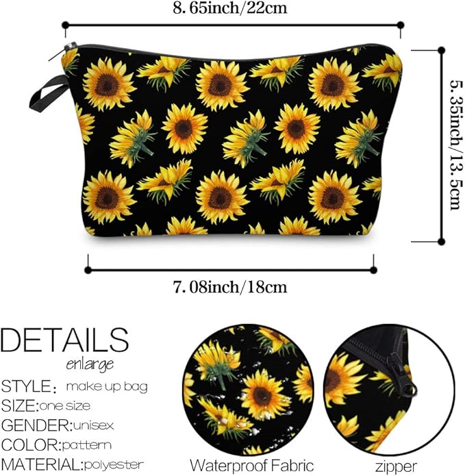 Deanfun Makeup Case Small, Cosmetic Zipper Bag Waterproof for Purse Mini, Women Cute Traveling Accessories Pouch for Ladies Thanksgiving Gifts(Sunflower D2-52355)