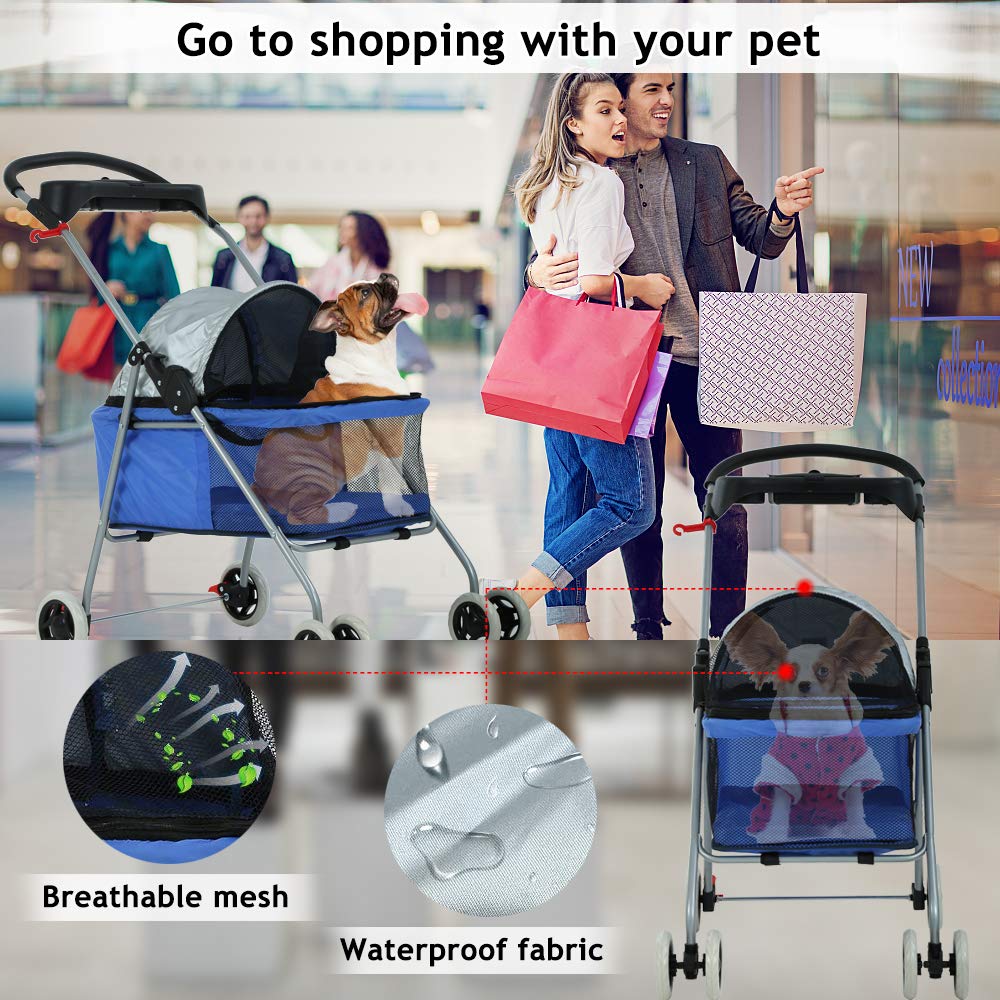 Dog Stroller Pet Stroller Cat Strollers Jogger Folding Travel Carrier Durable 4 Wheels Doggie Cage with Cup Holders 35Lbs Capacity Waterproof Puppy Strolling Cart for Small-Medium Dogs, Cats - Blue