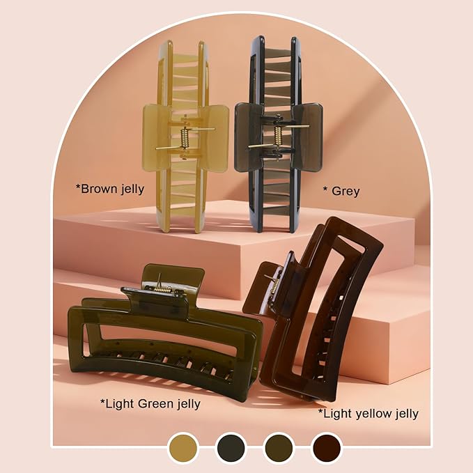 5 Inch XL Jumbo Claw Clips for Thick and Long Hair, 4-Pack Oversized Translucent Rectangle Hair Clips for Women, Strong Hold Non-Slip Jaw Clips, Jelly Colors
