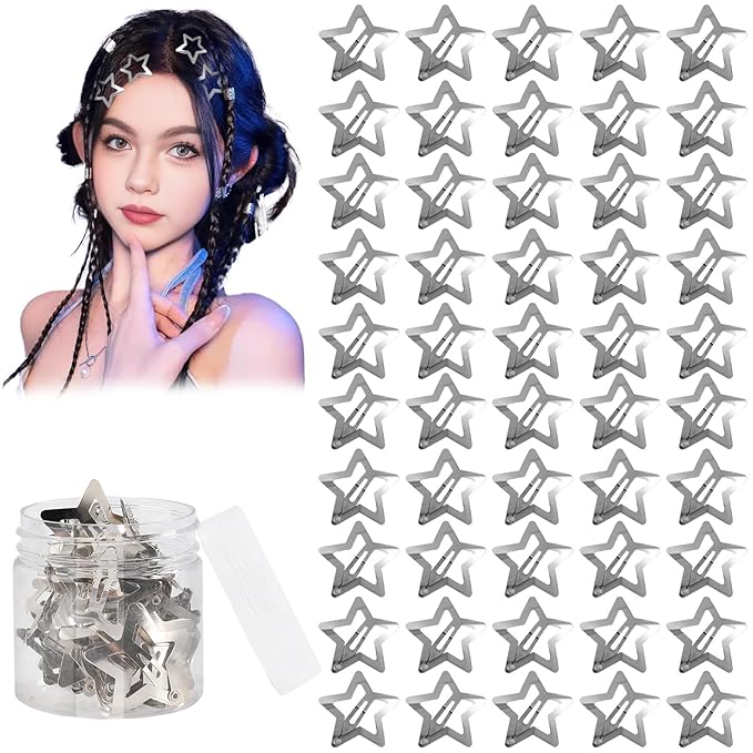 50Pcs Star Metal Hair Clips and Barrettes for Girls Women, Non-Slip Silver Hair Accessories