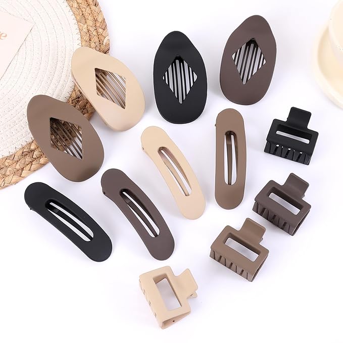 12 Pack Flat Hair Clips for Women-3 Styles Matte Neutral Flat Claw Clips, Black, Blonde,Light Brown & Dark Brown, French Duckbill Styling Accessories (Matte Neutral-2)