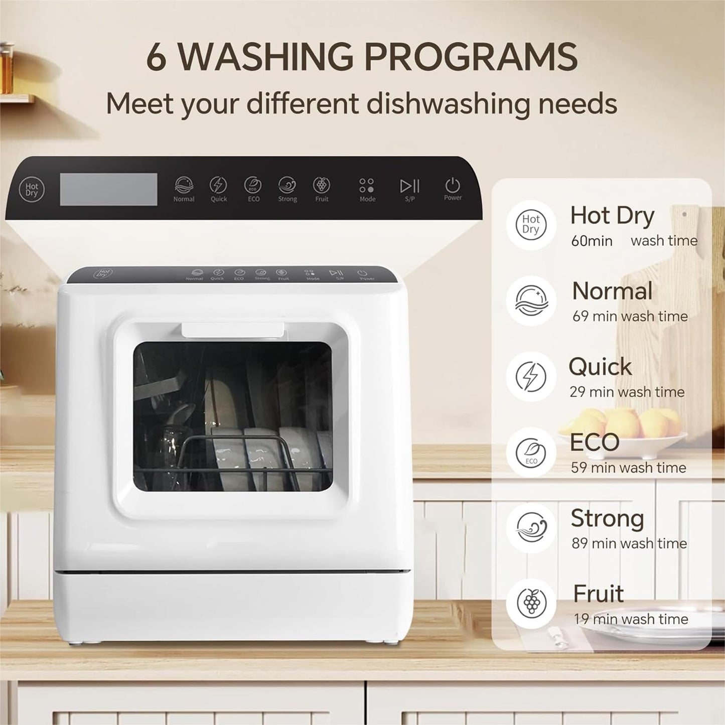 Countertop Dishwasher Tabletop Dishwasher With Water Tank, Mini Dishwasher With 5 Programs, With 360° Double Spray, Air Drying Function.