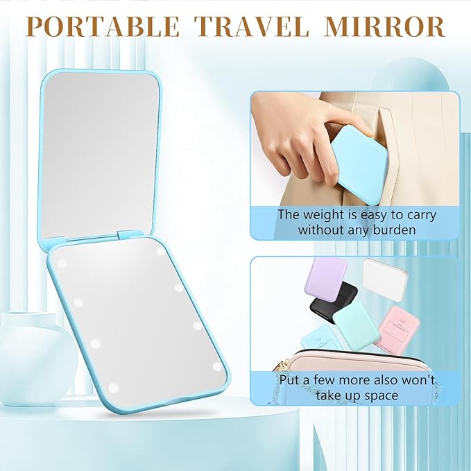 Compact Mirror, 1X/3X Magnification LED Pocket Mirror with Nternal BIattery, Mini Mirror for Purse, Pocket,Travel and Present (Blue)
