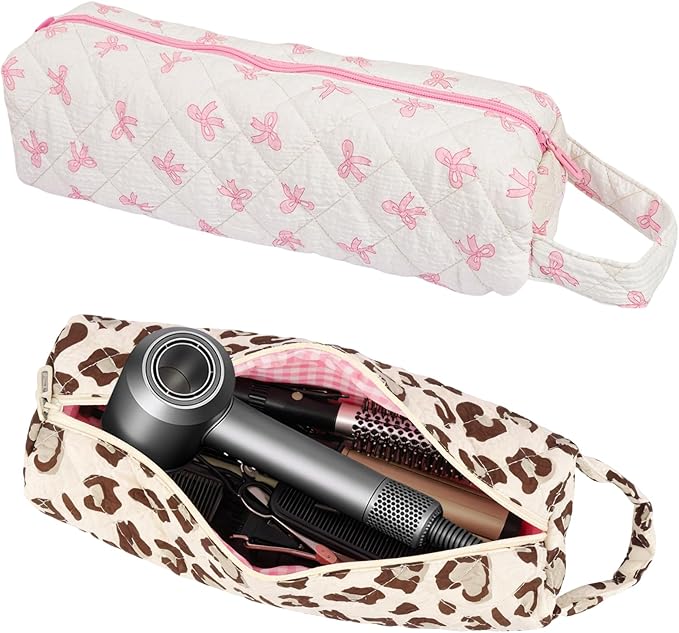 2PCS Portable Quilted Hair Tools Travel Bag for Curling Irons, Flat Irons, Hair Dryers & Styling Tools, Cosmetic Bag, Travel Case for Dyson, Shark Airwrap, Revlon, Pink Bow&Leopard