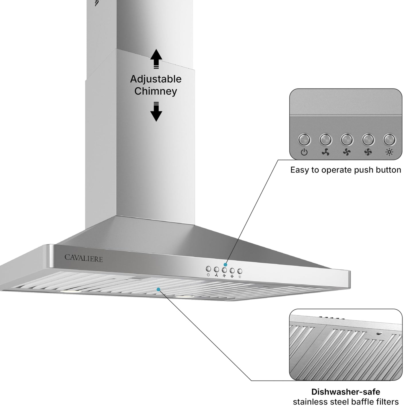 CAVALIERE Value-Focused 462 CFM Wall Mount Range Hood 30 Inch, 3-Year Warranty, Enhanced Stainless Steel, Ducted/Ductless Range Hood Convertible (Kit Included) LED Lights, Baffle Filter, Touch Control