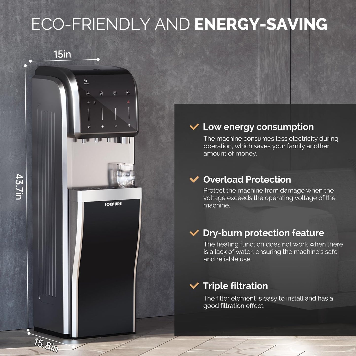 ICEPURE Water Dispenser with Ice Maker, 3-in-1 Hot and Cold Water Cooler with Built-in Bullet Ice Maker Machine, 26.5lbs/24H, Top Loading for 3-5 Gallon Bottle, Child Safety Lock, Bark Grey
