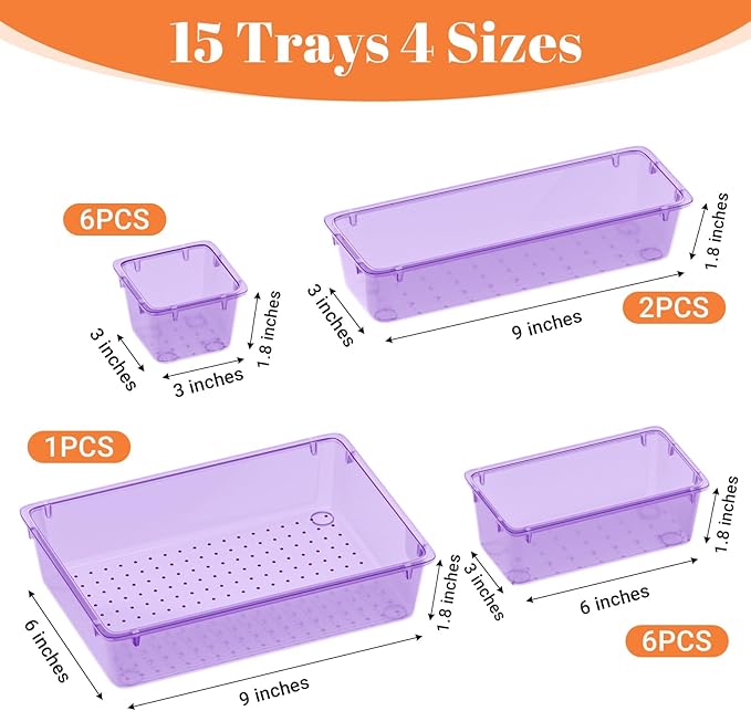 SpaceHacks 15 PCS Clear Plastic Drawer Organizer Set, 4-Size Acrylic Drawer Storage Trays, Storage Bins for Makeup, Gadgets, and Jewelry in Bathroom, Bedroom and Office, Clear Purple