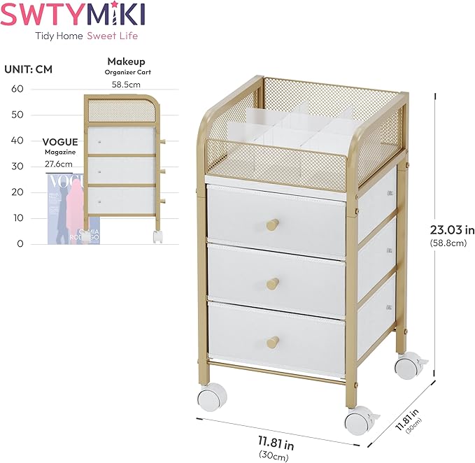SWTYMIKI Rolling Makeup Organizer Cart - Under Desk Vanity Makeup Storage with 3 Non-woven Drawers, Nail Cart Organizer Cosmetic Display Cases Cabinet for Skin Care Perfume Nail Polish Brush Hair Tool
