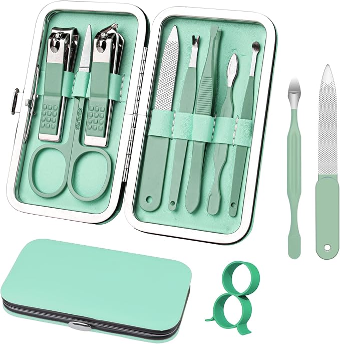 Manicure Set 8 in 1 Nail Clipper Set,RedFlow Nail Clippers,Fingernail & Toenail Clippers,Manicure Tools,Pedicure Tools,Suitable for Travel Manicure Kit,Nail Set Kit with Everything Profe (Green)