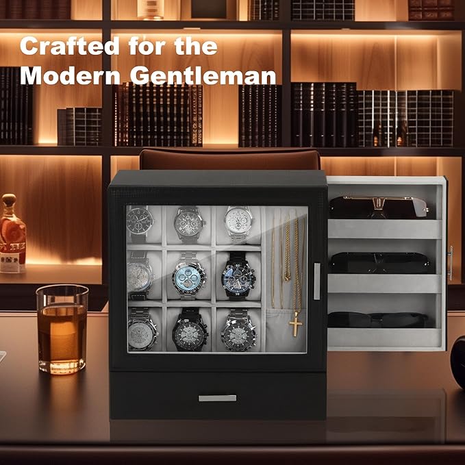 9-Slot Watch Display Case with Necklace Display, High End Men Jewelry Box w/ Drawer, Standing Watch Box for Men w/ Clear Lid, Watch Case for Sunglasses, Vertical Storage, Space Saving, Ideal Gift