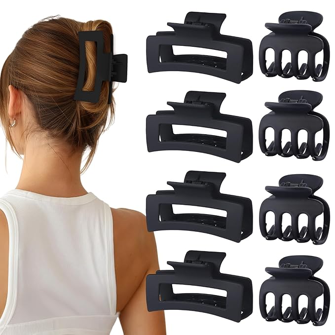 Medium Hair Clips for Women 8 Pcs Small Claw for Thin and Thick Hair 2 Styles Clips for Hair Combination Rectangle Jaw Clips Hair Accessories for Women and Girls (Black)