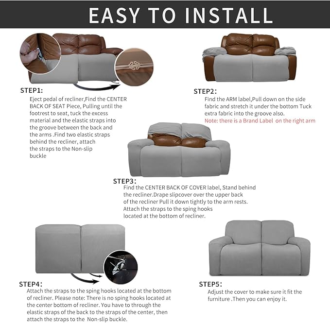 Easy-Going 6 Pieces Recliner Loveseat Stretch Sofa Slipcover Sofa Cover Furniture Protector Couch Soft with Elastic Bottom Kids, Spandex Jacquard Fabric Small Checks Light Gray