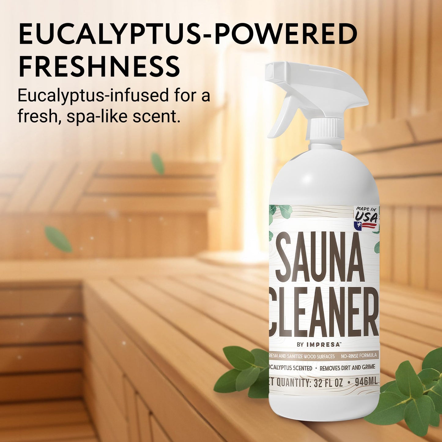 IMPRESA 32oz Sauna Cleaning Spray – All Purpose Eucalyptus Wood Cleaner Spray for Home Sauna, Spa, Steam Room & Gym – Natural Multipurpose Surface Cleaner Bottle – Gentle Ingredients Tough on Grime