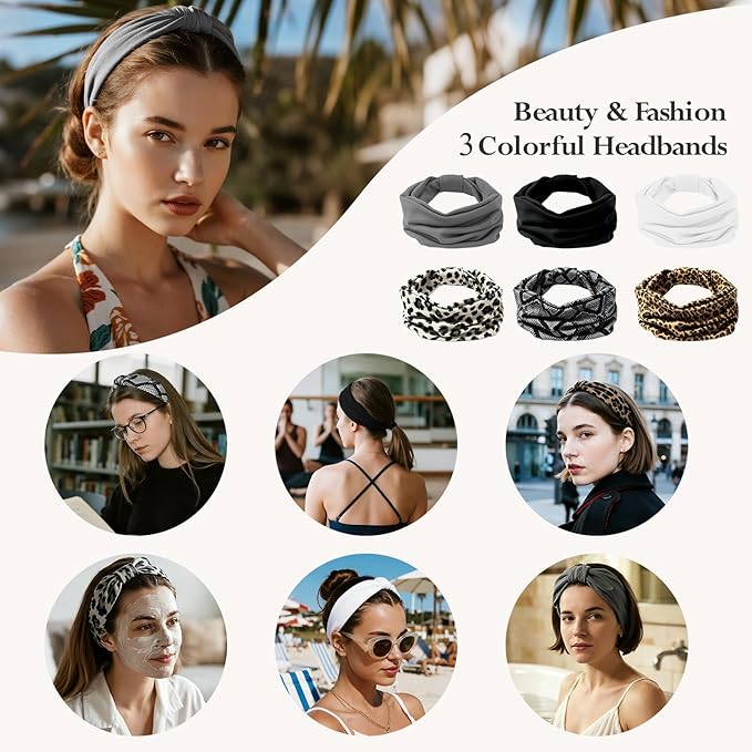 HSEM Knotted Headbands for Women 6-Pack – Wide Soft Elastic Non-Slip Hair Bands – Thick Stretchy Sweat Bands for Washing Face, Makeup, Workout, Running, Spa, Yoga, Fashion, Leopard Print