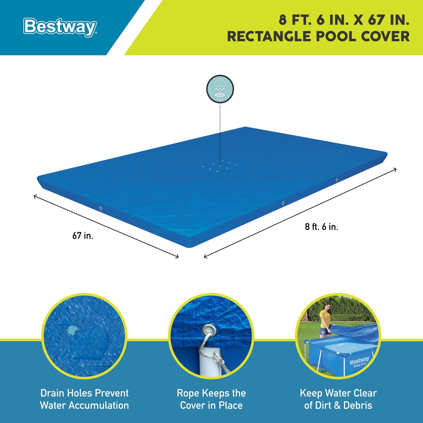 Bestway Flowclear Rectangular 9'10" x 6'7" Above Ground Pool Cover Compatible with Steel Pro Outdoor Swimming Pools with Drain Holes, Blue