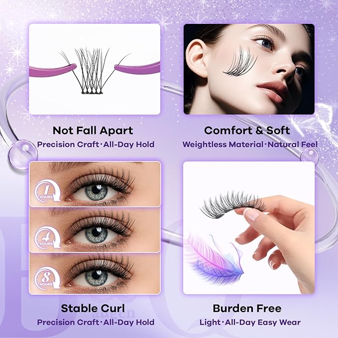 B&Q Wispy Lash Clusters Kit, Natural 05, Individual False Eyelashes Extension Set, Undetectable Natural Look for Effortless Day-to-Night Beauty, from Office Elegance to Date Night Glamour(8-16mix)