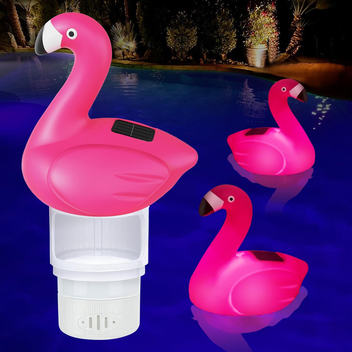 Uekars Solar Pool Chlorine Floater, Flamingo Chlorines Floater with Light, Glow in Dark Chlorines Tablet Floater (Red, 11 in)