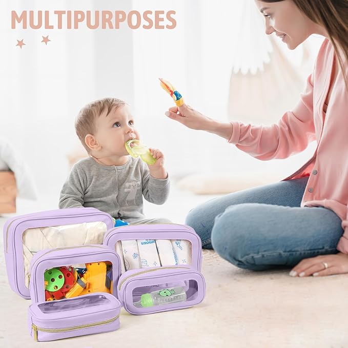 5PCS Diaper Bag Organizer Pouch Set, TSA Approved Toiletry Bag，Clear Waterproof TPU Makeup Bag Set Travel Organizer Bags for Women and Kids