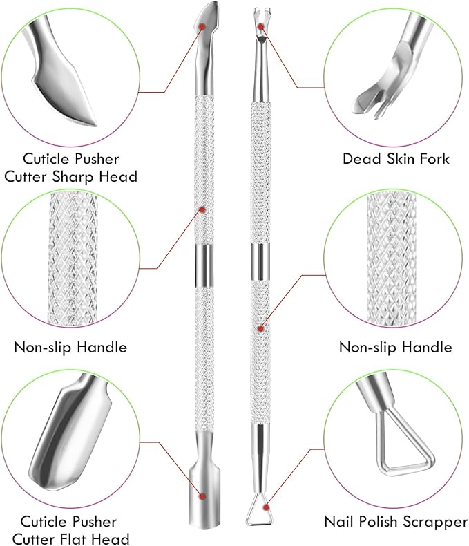2PCS Cuticle Pusher and Cutter Remover, Xunxmas Salon Nail Scraper for Gel Polish, Stainless Steel Manicure and Pedicure Cleaner Tool for Fingernail and Toenail (Silver)