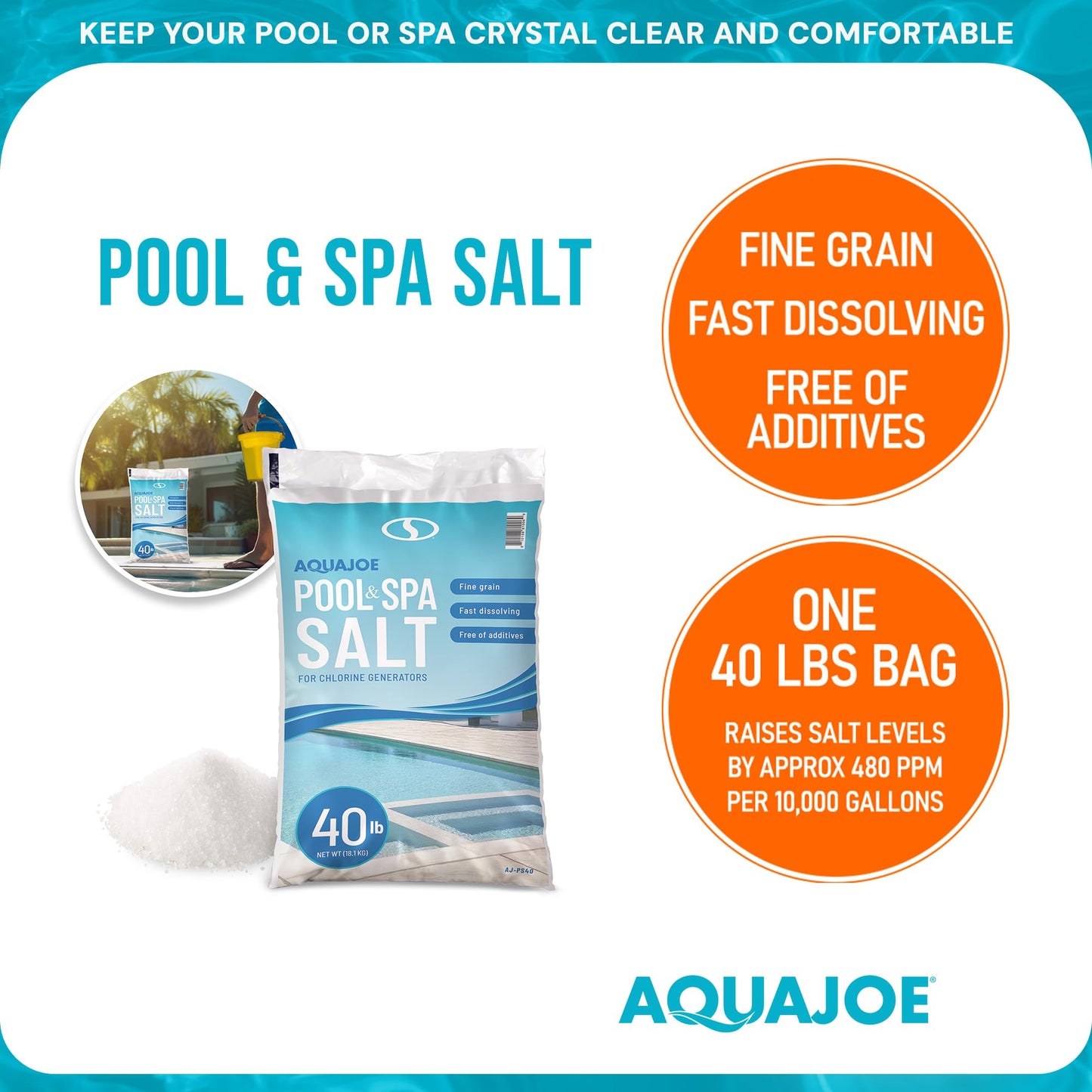 Aqua Joe 5 Pack 40 Lb Fast Dissolving Pool Spa Salt Chlorine Generators, AJ-PS40