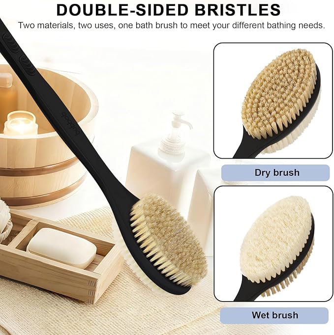 Back Scrubber for Shower with Long Handle, Exfoliating Bath Brush for Body - Double Sided Bristles (Stiff & Soft), Anti-Slip Grip, Lightweight - Gift for Seniors, Includes Lanyard & Hook,Black
