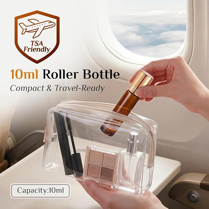PrettyCare 60 Pack, 10 ml Essential Oil Roller Bottles with Stainless Steel Roller Ball - Bulk Refillable Leak-proof Empty Thick Amber Glass Roll on Bottles with Metal Caps for Travel, Perfume