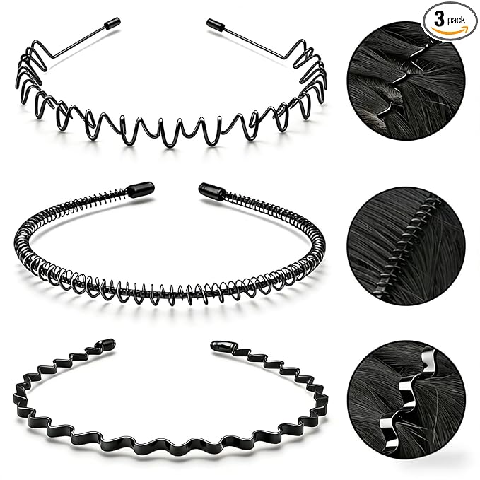Metal Headbands for Men & Women, Adjustable Zigzag Hair Bands with Spring Circle & 0.3cm Wave Design, Non-Slip Black Sports Hairbands for Daily Wear, Running & Workout (3 Pack)