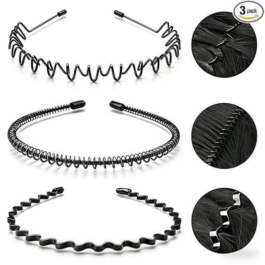 Metal Headbands for Men & Women, Adjustable Zigzag Hair Bands with Spring Circle & 0.3cm Wave Design, Non-Slip Black Sports Hairbands for Daily Wear, Running & Workout (3 Pack)