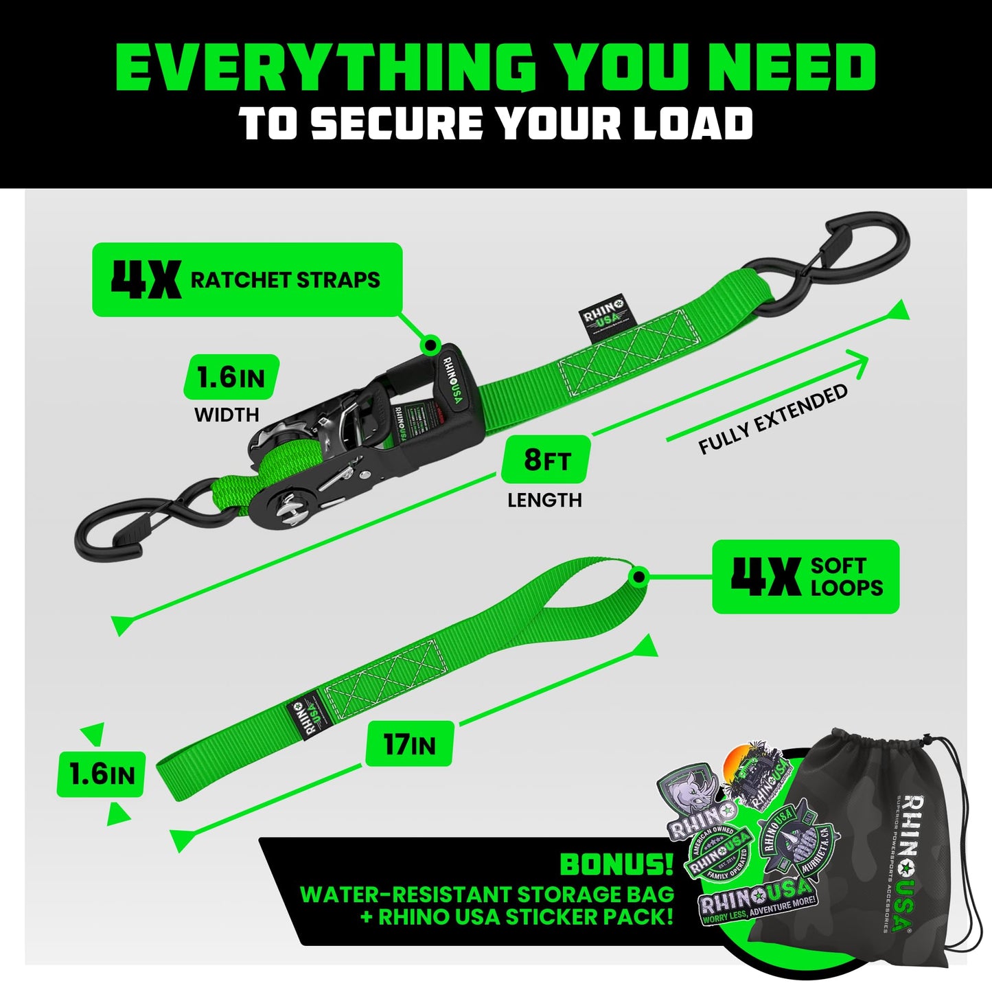 Rhino USA Ratchet Straps Heavy Duty Kit (4-Pack) - 1.6 Inch x 8 Feet Min Break Strength (5,000) - Ultimate Tie Down Straps with Safety S Hooks for Trucks, ATV, UTV, Motorcycle, Cargo & More - Green