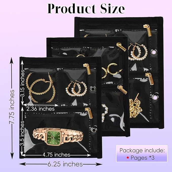 Travel Jewelry Organizer Case,Jewelry Bags Jewelry Storage Book Binder with Clear Zipper Velvet Pouch for Traveling,Earrings, Rings, Necklace, Bracelet (Inner Pages, 3 PCS)