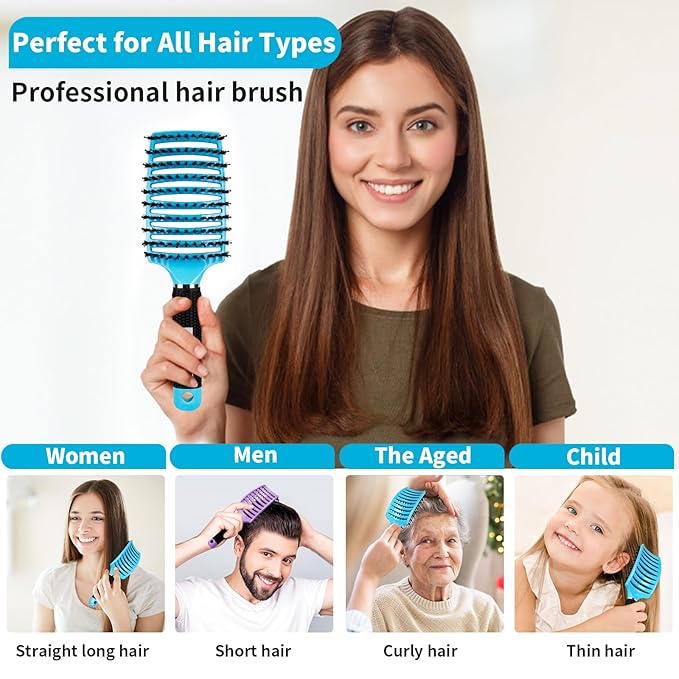 HIPPIH 2 Pack Boar Bristle Hair Brush, Wet & Dry No Pull Curved Vented Hair Brush, Styling Magical Brush Detangler for Kids & Men, Hairbrush for Women Can Adds Shine & Smooth Curly Thick Hair