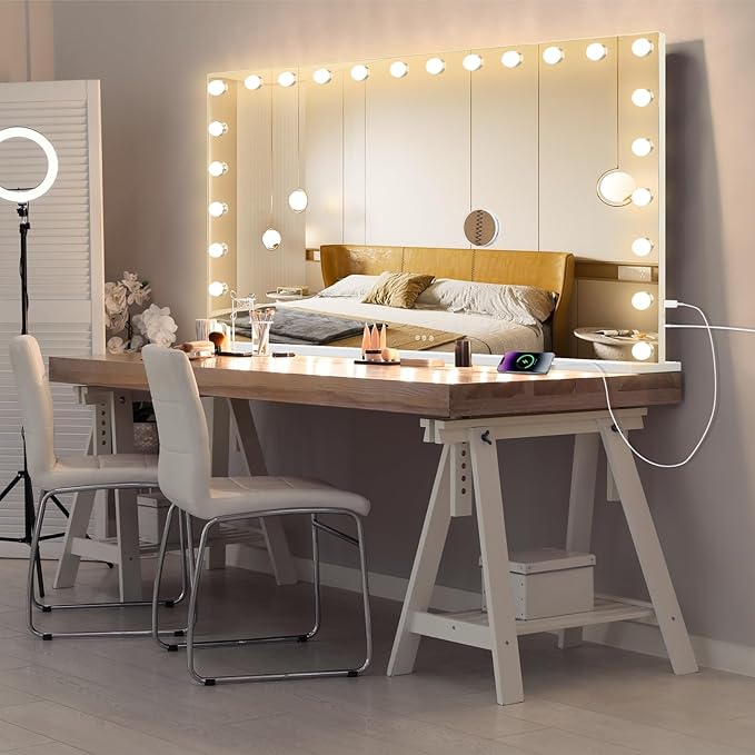 Hollywood Vanity Mirror with Lights, 24 Dimmable Bulbs, 3 Color Lights,Make Up Lighted Mirror, Aluminum Metal Frame, USB Charging Port（48" x 30"）