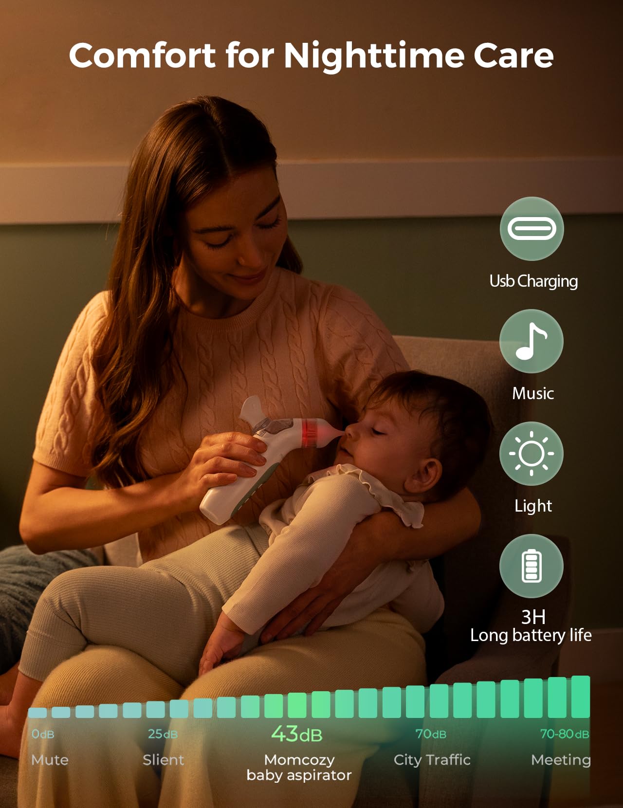 Momcozy BreezyClear™ 2-in-1 Electric Nasal Aspirator for Baby with Spray, 65kPa Hospital-Grade Suction, 4 Adjustable Levels, Quiet & Portable Nose Cleaner with Soothing Light & Music
