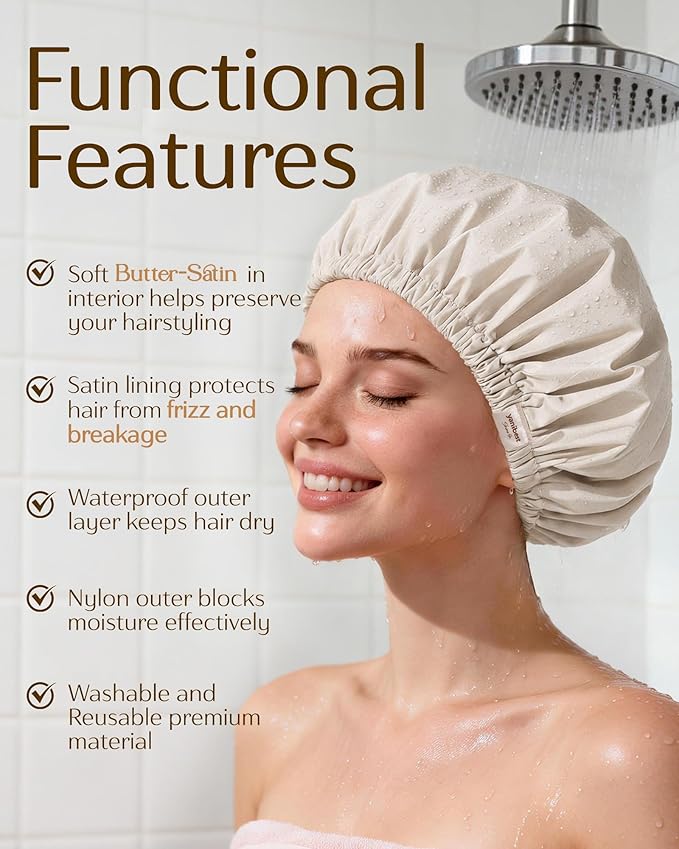 Yanibest Satin Lined Shower Cap for Women Reusable Waterproof, Frizz Free & Large Bath Cap with Soft Elastic Band, Luxury Hair Protection Caps (Beige)