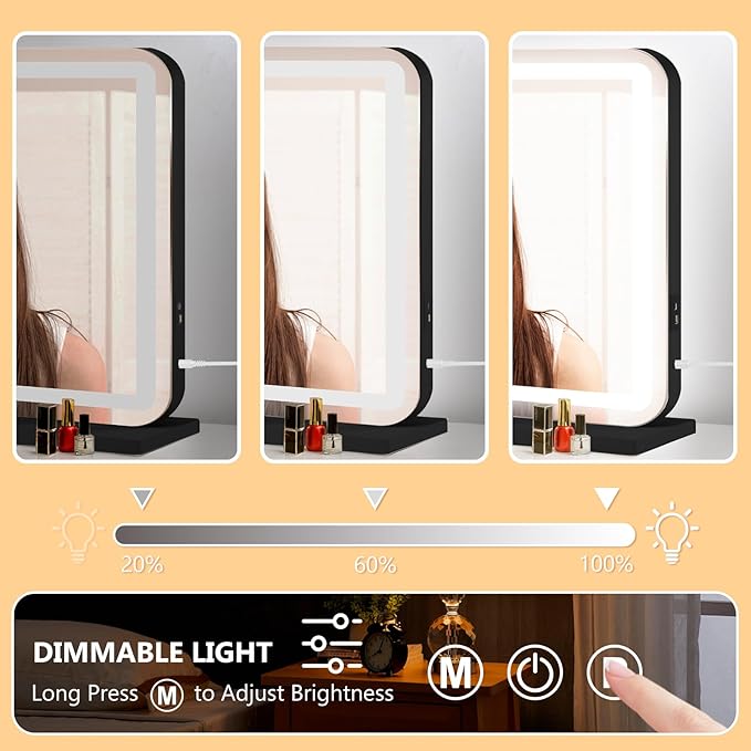 Vanity Mirror with Lights, Led Makeup Mirror, Lighted Makeup Mirror with 3 Color Dimmable Lights, Smart Touch Screen Control, Aluminum Metal Frame,USB Charging Port