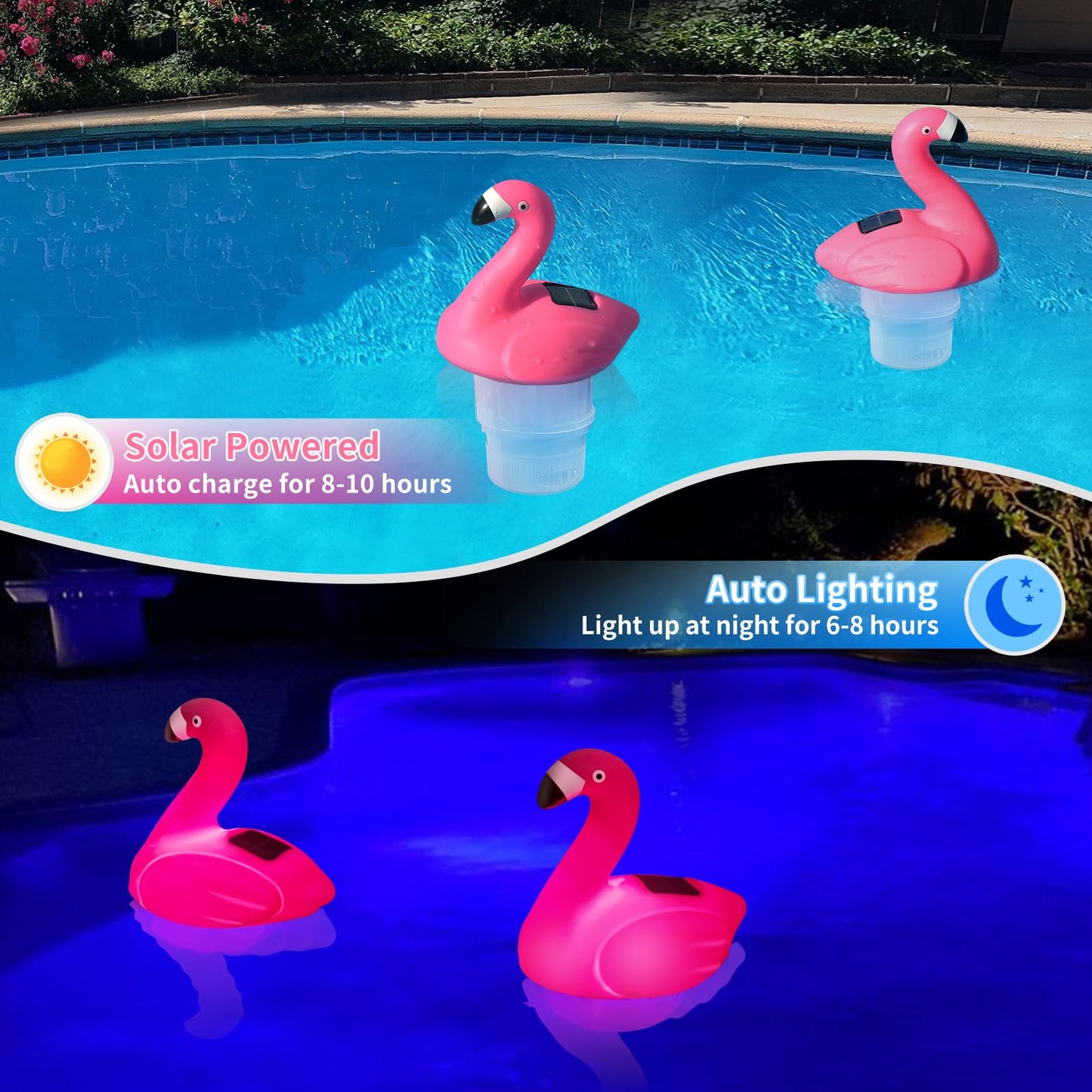 Uekars Solar Pool Chlorine Floater, Flamingo Chlorines Floater with Light, Glow in Dark Chlorines Tablet Floater (Red, 11 in)