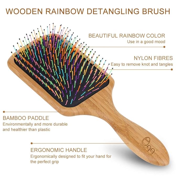 BLACK EGG Paddle Detangling Hair Brush for Women Girls, Rainbow Nylon Brush for Thick Thin Curly Hair, Includes Wooden Detangler Comb and 3 Hair Ties, Valentine’s Day Gift