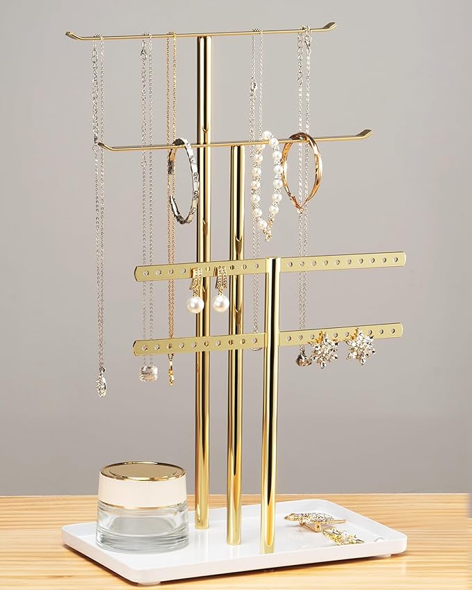 pickpiff Jewelry Stand Holder Organizer: 14.5" Sturdy Hanger for 80 Pcs Jewelry, Jewlery Tower for Display Necklace, Earring, Bracelet, Watch, Mirrored Gold