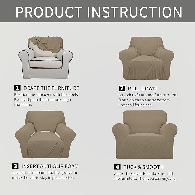 Easy-Going Stretch Oversized Chair Sofa Slipcover 1-Piece Couch Sofa Cover Furniture Protector Soft with Elastic Bottom for Kids Spandex Jacquard Fabric Small Checks Natural
