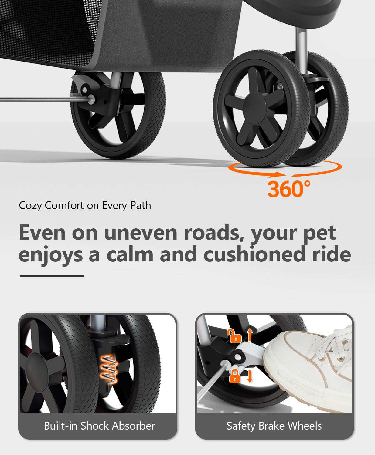 OS MOTOR Pet Stroller with 3 Wheels for Small/Medium Pets, Portable Travel Foldable Carrier Jogger for Dog Cat Puppy Kitty, Rear Wheel Breaks, Storage Basket, Visible Mesh with Weather Cover (Black)